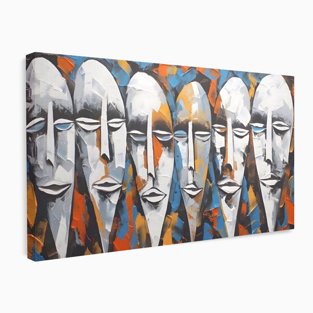 Tablou canvas cu tablou abstract cu masti tribale albe, fara rama, pe sasiu de lemn
